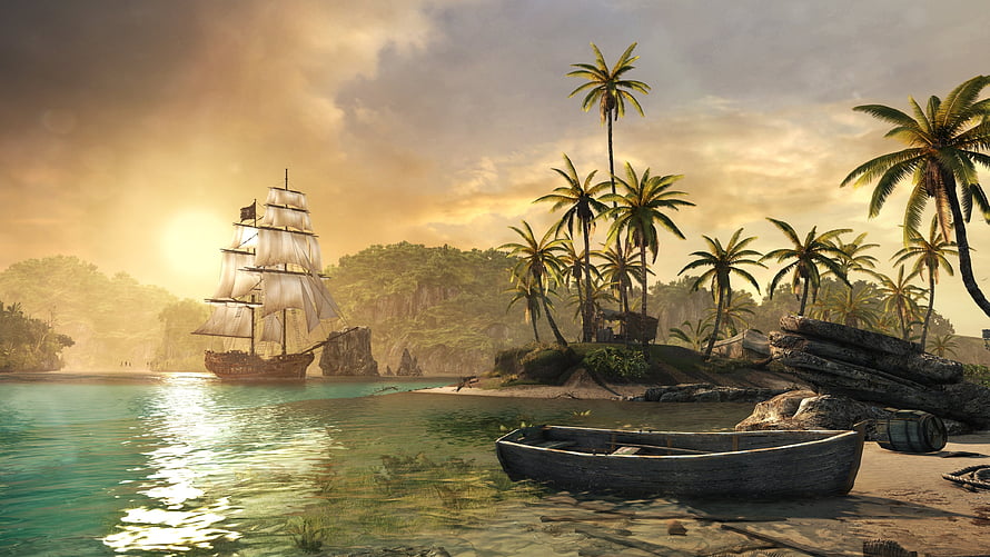 Tropical Island at Golden Hour with Pirate Galleon and Wooden Rowboat HD wallpaper