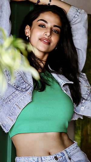 Jyotika in a Green Crop Top and Denim Jacket Portrait HD phone wallpaper