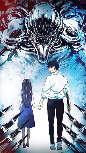 Jujutsu Kaisen 0 Yuta Okkotsu and Rika Akiyama Standing Before a Massive Dark Spirit HD phone wallpaper