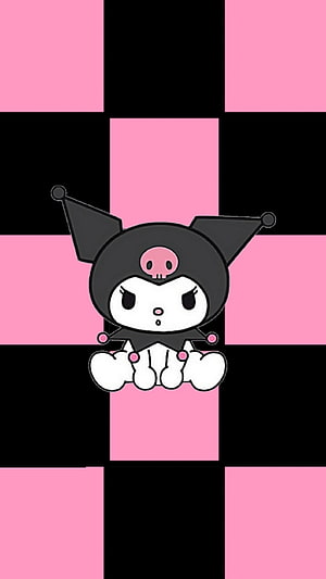 Cute Kuromi Character Sitting on Pink and Black Checkerboard Background HD phone wallpaper