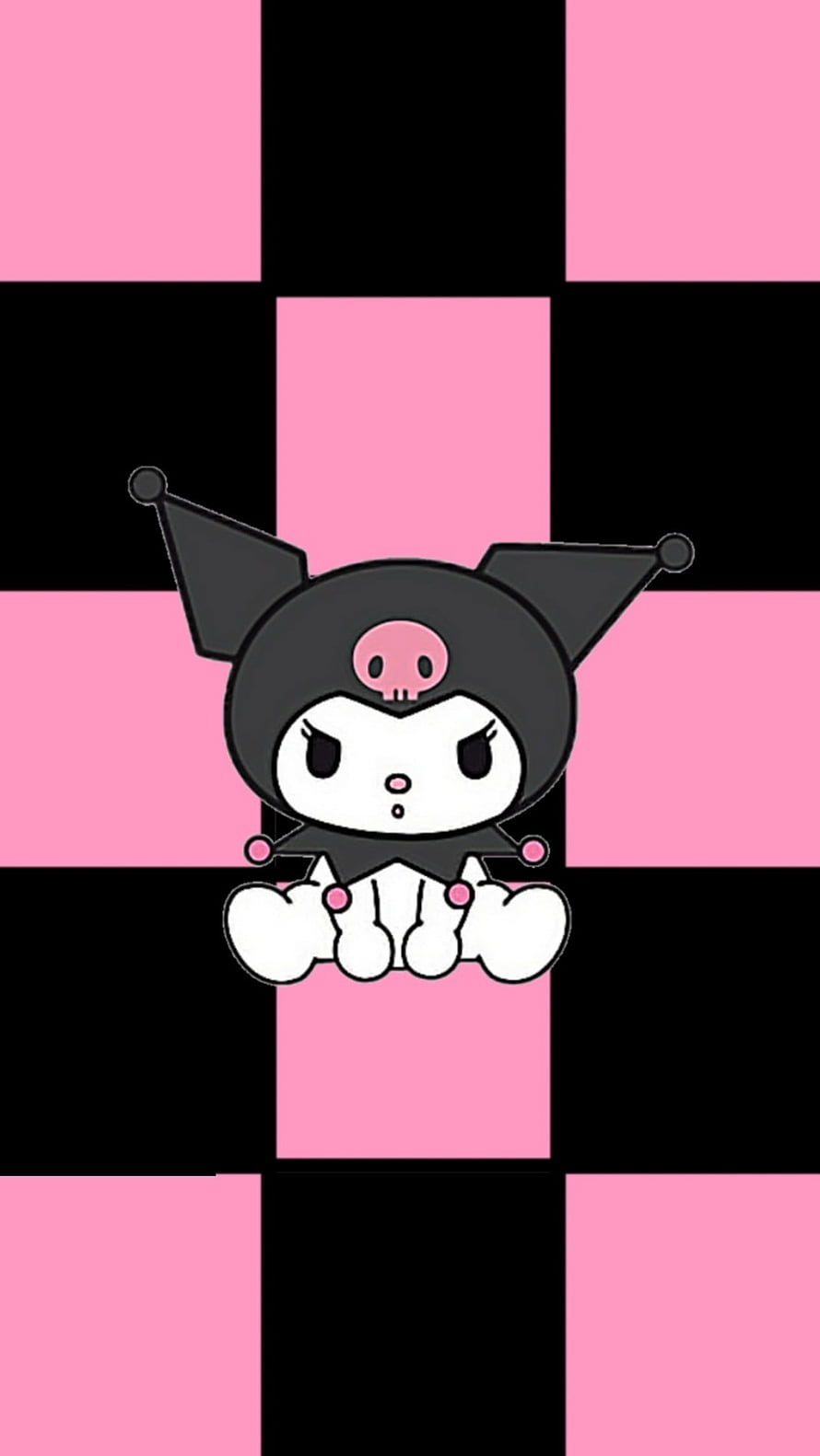 Cute Kuromi Character Sitting on Pink and Black Checkerboard Background HD phone wallpaper