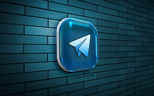 Glossy 3D Telegram App Icon Mounted on a Dark Blue Brick Wall HD wallpaper