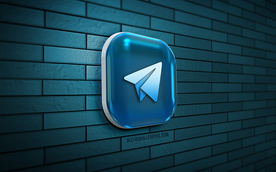 Glossy 3D Telegram App Icon Mounted on a Dark Blue Brick Wall HD wallpaper
