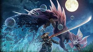 Monster Hunter World Hunter Battling Giant Monster Under Full Moon HD wallpaper