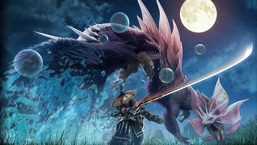 Monster Hunter World Hunter Battling Giant Monster Under Full Moon HD wallpaper
