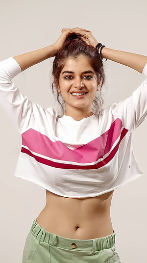 Madhumita Actress in White and Pink Crop Top with Green Trousers HD phone wallpaper