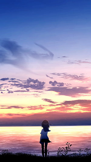 Anime Girl Silhouette Watching Sunset Over the Ocean HD phone wallpaper