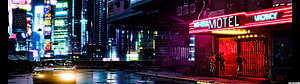 Neon-lit Cyberpunk City Street at Night with No Tell Motel and Classic Car HD wallpaper