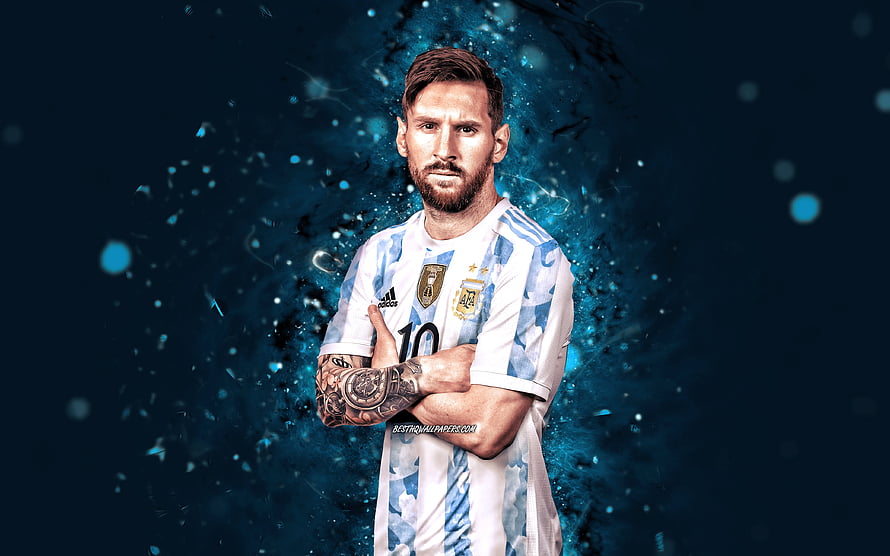 Lionel Messi in Argentina National Team Jersey with Blue Neon Particle Background HD wallpaper