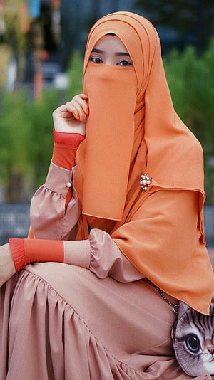 Woman in Orange Niqab and Pink Dress with Cat Purse, Muslim Girl , Gorgeous, Hijab, Women HD phone wallpaper