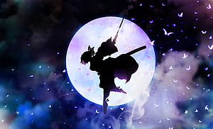 Shinobu Kocho Silhouette in Demon Slayer Against a Glowing Full Moon with Floating Butterflies HD wallpaper