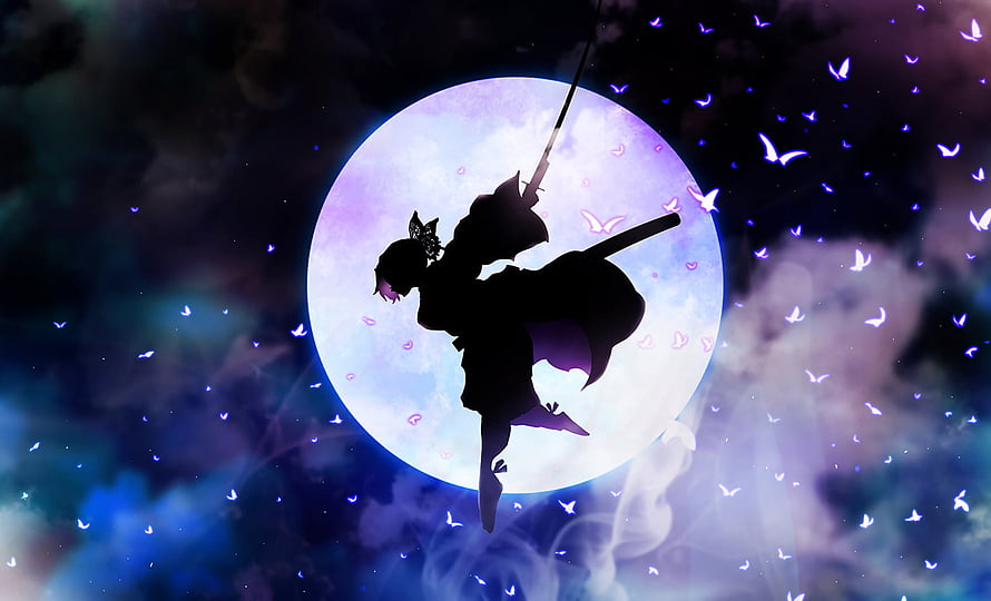 Shinobu Kocho Silhouette in Demon Slayer Against a Glowing Full Moon with Floating Butterflies HD wallpaper