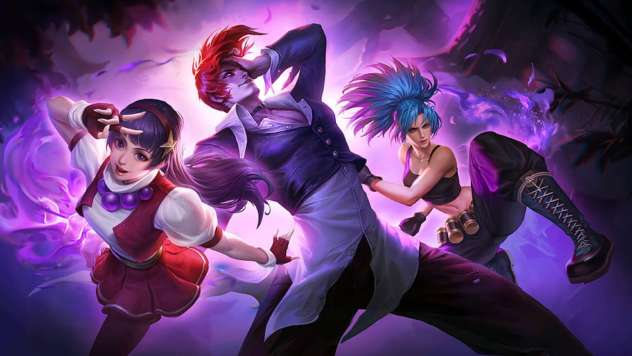 KOF x Mobile Legends Crossover Art Featuring Athena Asamiya, Iori Yagami, and Chou HD wallpaper
