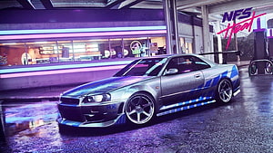 Nissan Skyline GT-R R34 in Need for Speed Heat at Neon Gas Station HD wallpaper