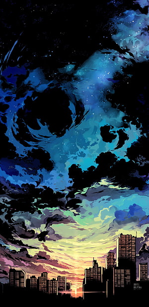 Dramatic Anime Skyline at Dusk with Swirling Nebula Clouds and Starry Night Sky HD phone wallpaper