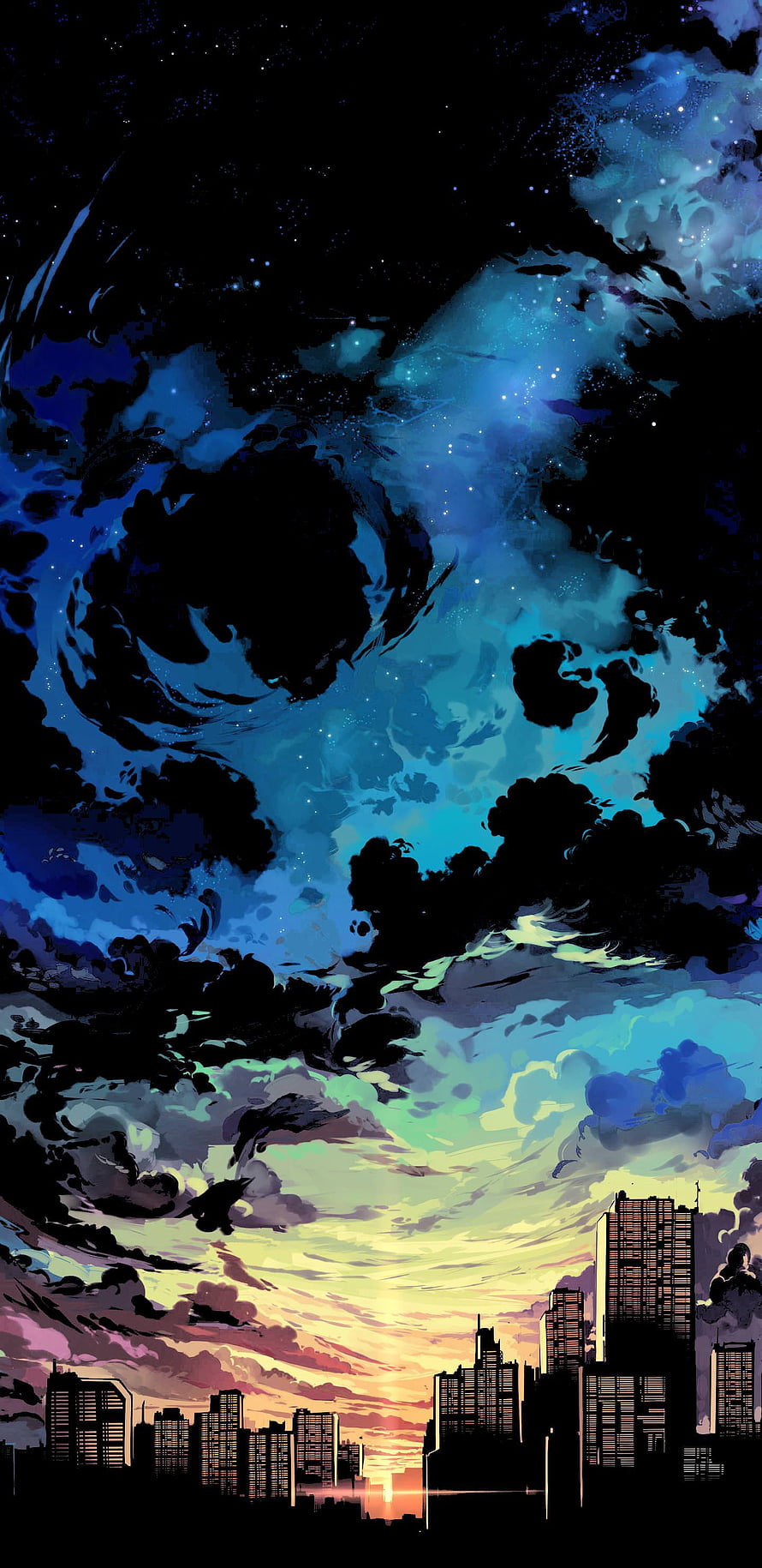 Dramatic Anime Skyline at Dusk with Swirling Nebula Clouds and Starry Night Sky HD phone wallpaper
