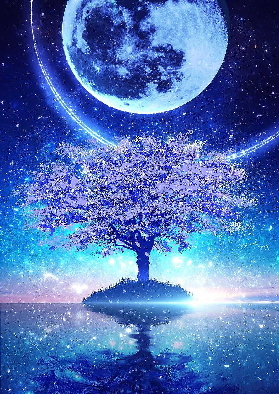 Magical Blue Cherry Blossom Tree Under Giant Moon And Starry Sky HD phone wallpaper