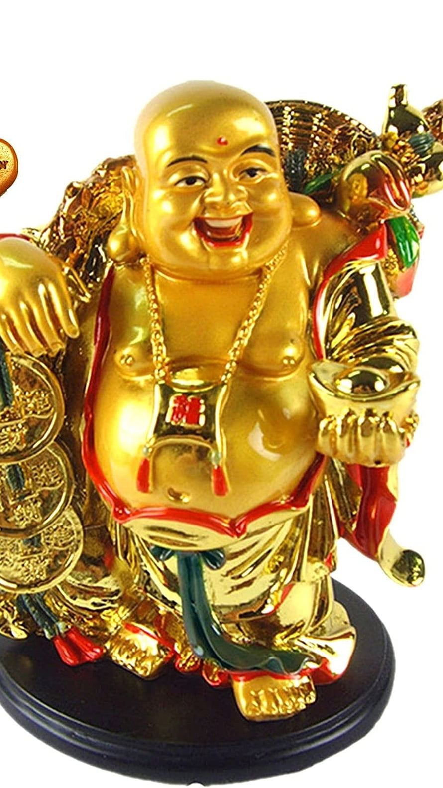 Golden Laughing Buddha Statue with Coins and Gold Ingot for Wealth and Prosperity HD phone wallpaper