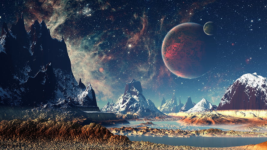 Alien Mountain Landscape with Red Planet and Nebula in Deep Space HD wallpaper