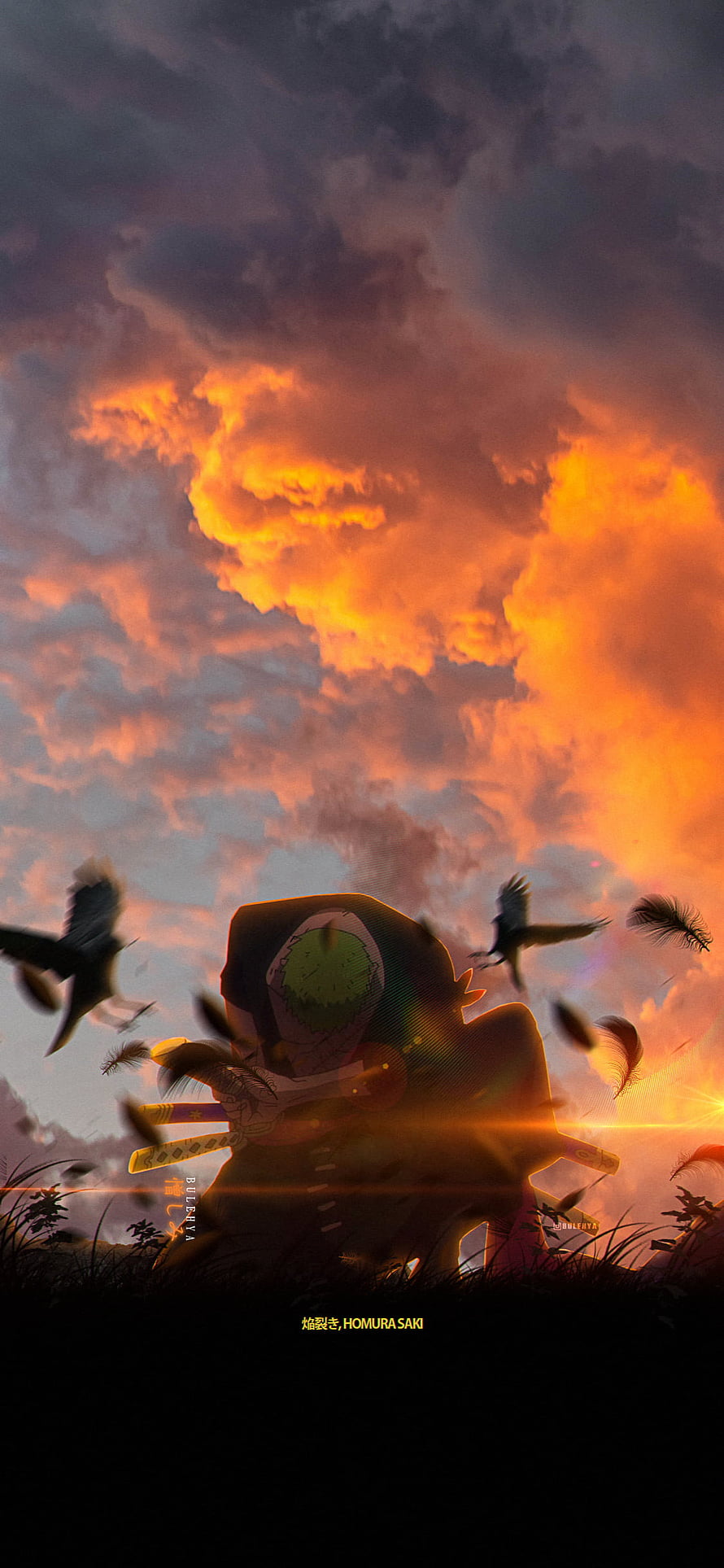 Roronoa Zoro Silhouette in Wanokuni at Sunset with Crows and Feathers HD phone wallpaper