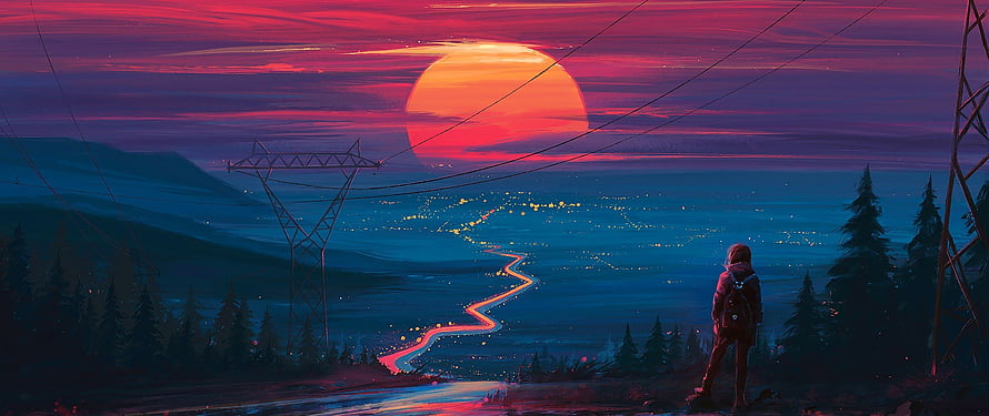 Lone Traveler Gazing at Distant City Lights Under Giant Sunset HD wallpaper