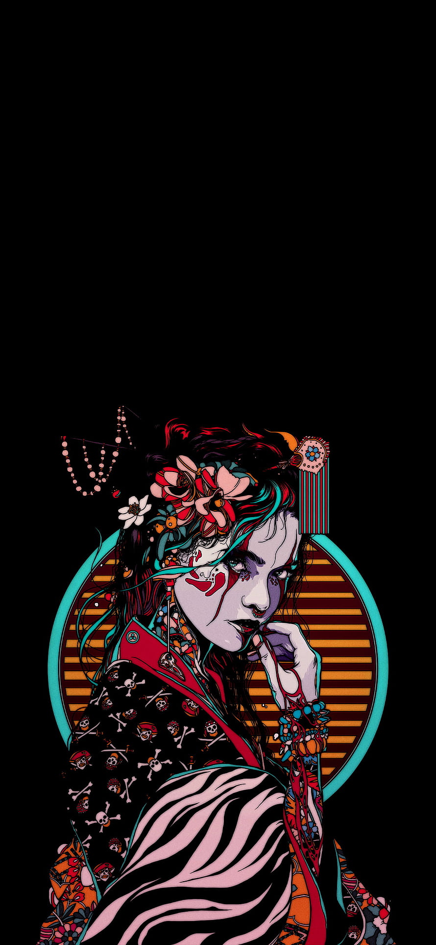 Stylized Illustration of a Girl with Skull Patterns and Floral Hair Accessories HD phone wallpaper