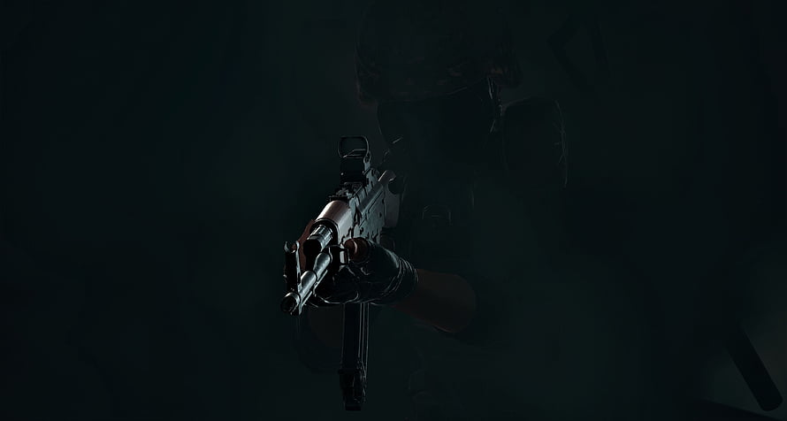 First Person View of Tactical Rifle in Dark Combat Scene HD wallpaper