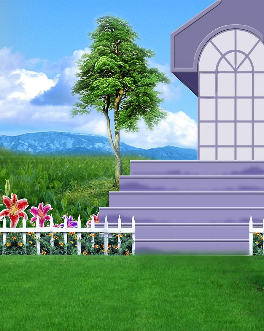 Pastel Purple Garden Studio Backdrop With White Fence, Lilies, and Distant Mountains HD phone wallpaper