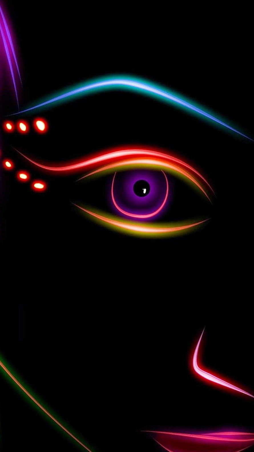 Neon Glow Eye Portrait with Vibrant Purple Iris and Colorful Light Trails on Black Background HD phone wallpaper