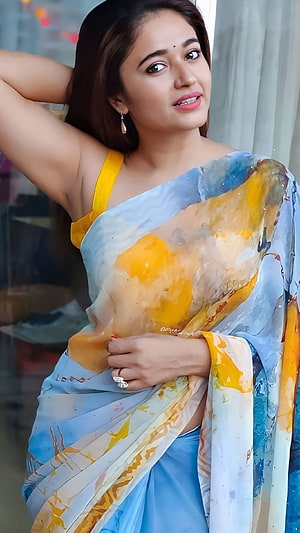 Poonam Bajwa in a Blue and Yellow Watercolor Saree HD phone wallpaper