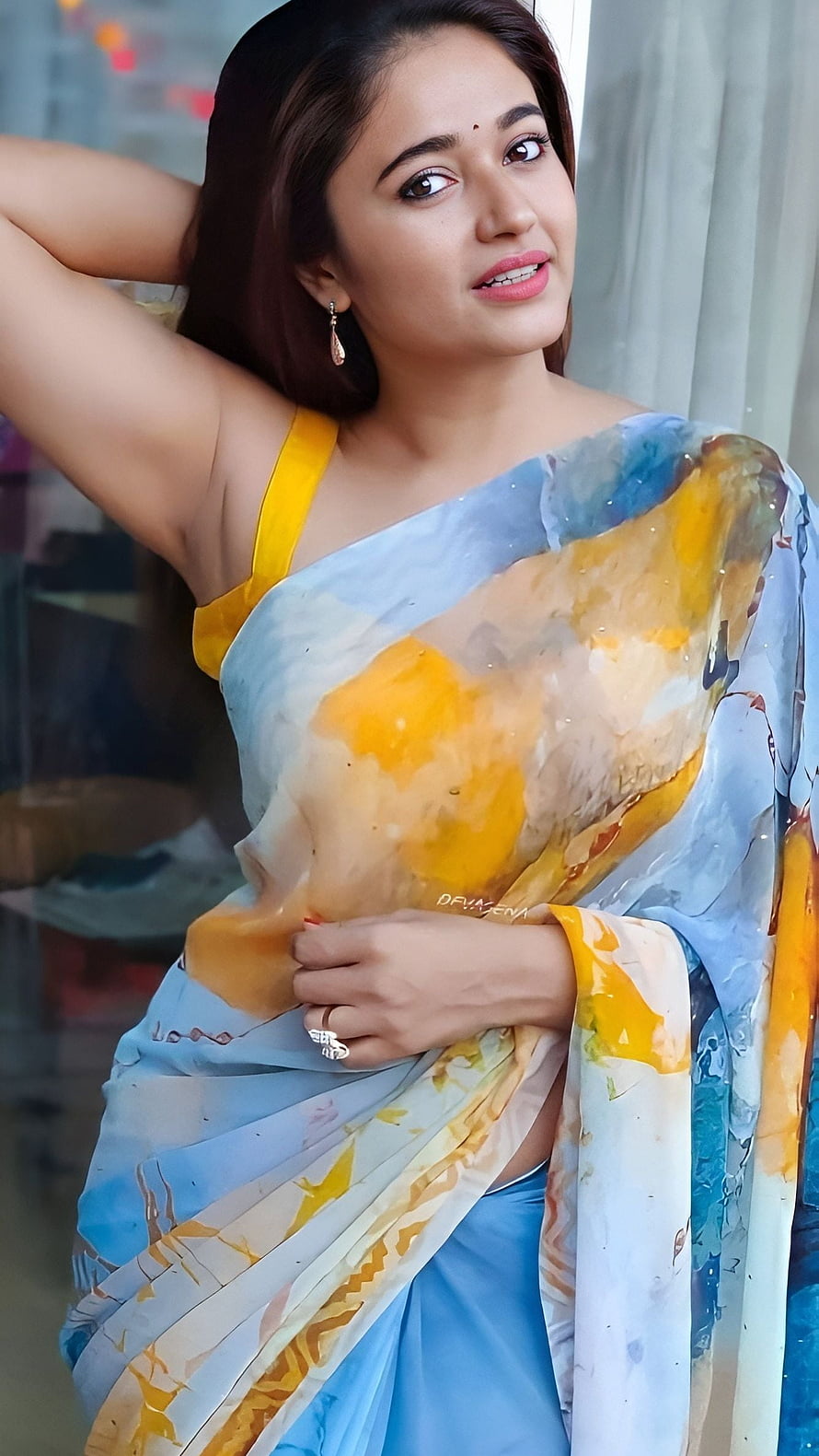 Poonam Bajwa in a Blue and Yellow Watercolor Saree HD phone wallpaper