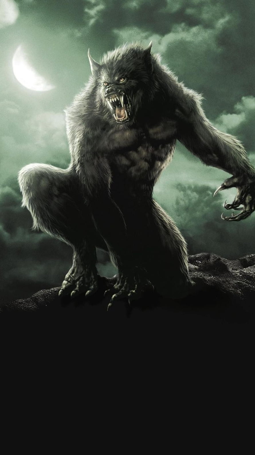Van Helsing Werewolf Crouching on Rocky Outcrop Under Crescent Moon HD phone wallpaper