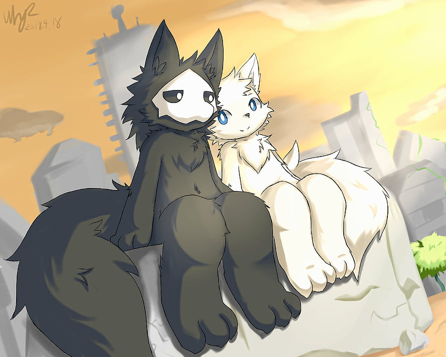 Puro and Colin Furry Characters Sitting Together in a Ruined Landscape HD wallpaper