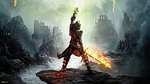 Armored Knight Wielding a Blazing Sword on a Volcanic Rock in a Dark Fantasy Landscape HD wallpaper