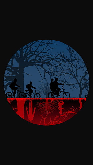 Stranger Things Silhouette Illustration with Creepy Red Reflection and Bare Trees HD phone wallpaper