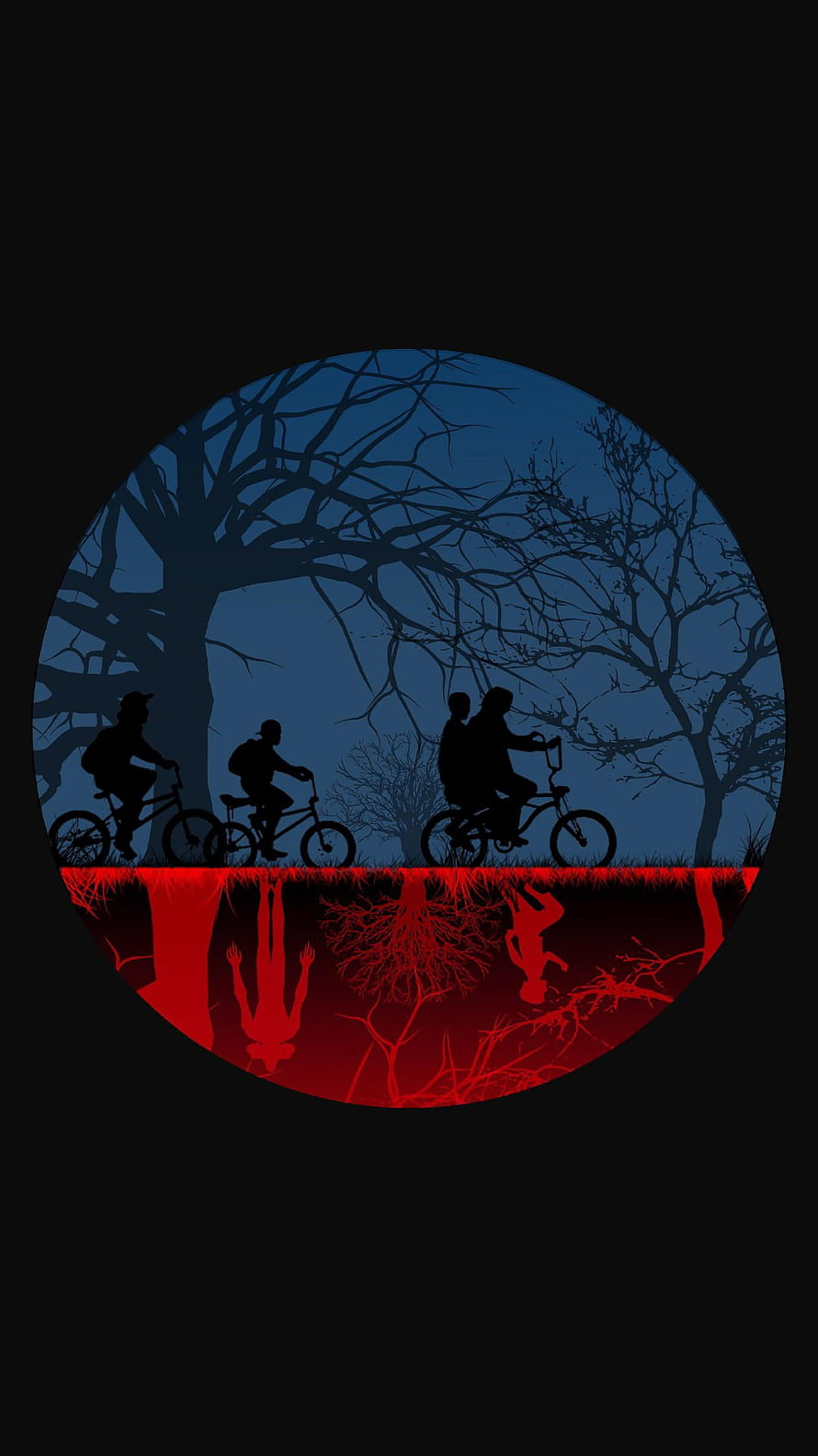 Stranger Things Silhouette Illustration with Creepy Red Reflection and Bare Trees HD phone wallpaper