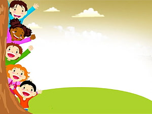 Happy Diverse Children Peeking From Behind Tree Vector Illustration HD wallpaper