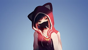 Anime Girl in Red Cat Ears Hoodie with Black Face Mask HD wallpaper
