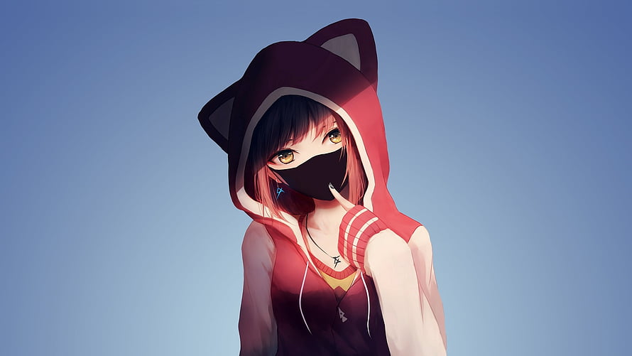 Anime Girl in Red Cat Ears Hoodie with Black Face Mask HD wallpaper