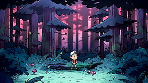 Dipper Pines Standing in a Mysterious Forest at Dusk in Gravity Falls HD wallpaper