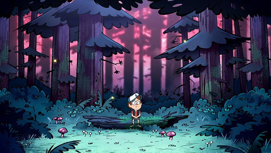Dipper Pines Standing in a Mysterious Forest at Dusk in Gravity Falls HD wallpaper