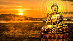 Golden Buddha Statue Meditating at Sunset with Radiant Halo and Mountain Landscape HD wallpaper