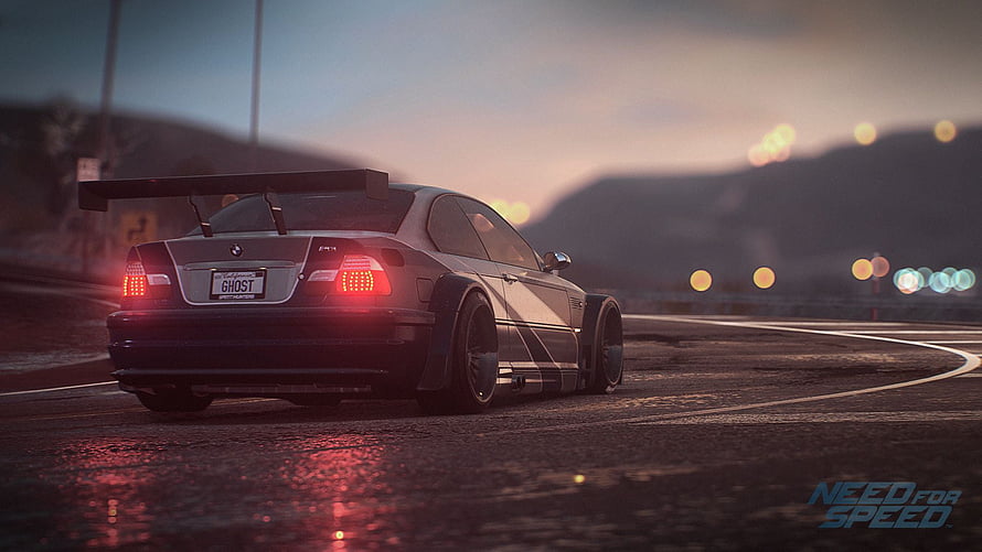 Need for Speed Most Wanted BMW M3 GTS drifting on a wet coastal highway at dusk HD wallpaper