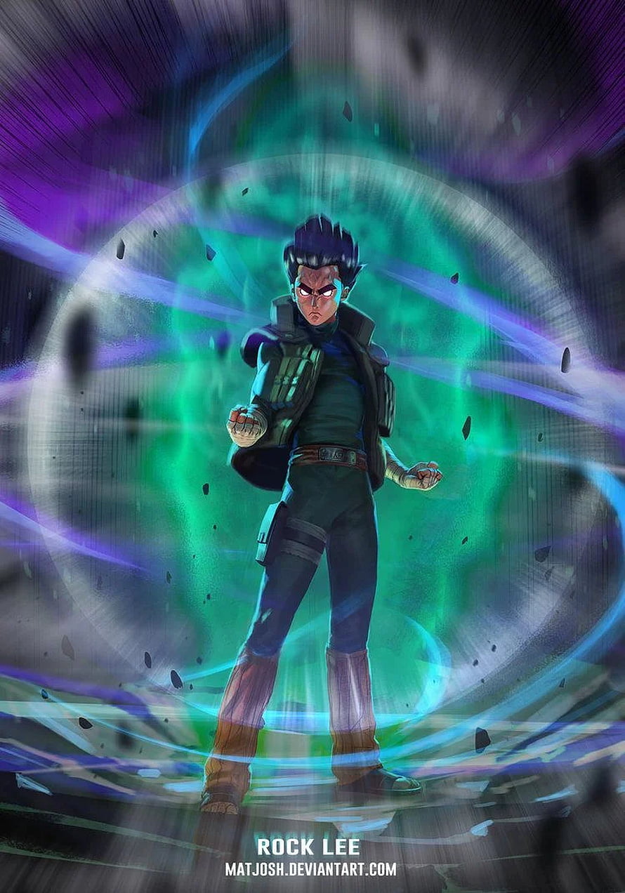Rock Lee from Naruto in a dynamic anime illustration with a glowing green energy aura and dramatic action pose HD phone wallpaper