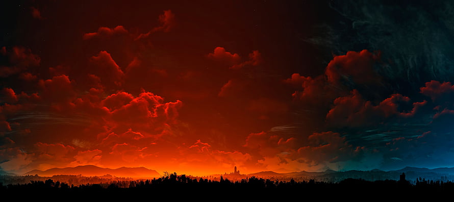 The Witcher 3 Wild Hunt Dramatic Red Sky Over Silhouetted Mountain Landscape HD wallpaper
