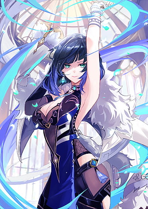 Yelan from Genshin Impact in Blue and Black Outfit with White Fur HD phone wallpaper