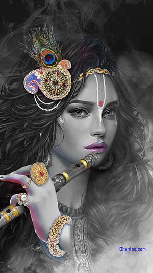 Digital Art Portrait of Krishna Playing Flute with Peacock Feather Crown HD phone wallpaper