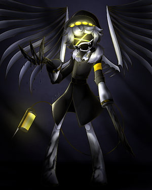Murder Drones N Flash Character Digital Art with Dark Wings and Glowing Yellow Accents HD phone wallpaper