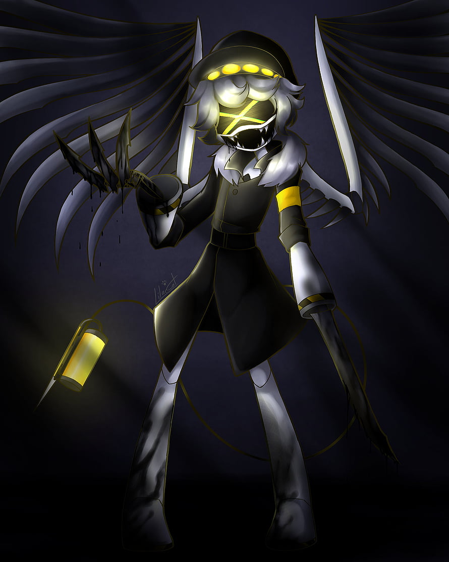 Murder Drones N Flash Character Digital Art with Dark Wings and Glowing Yellow Accents HD phone wallpaper
