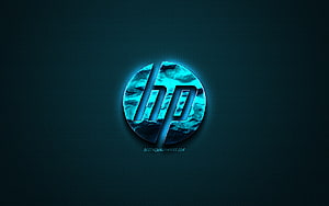 Glowing HP Logo with Cyan Marble Texture on Dark Carbon Fiber Background HD wallpaper